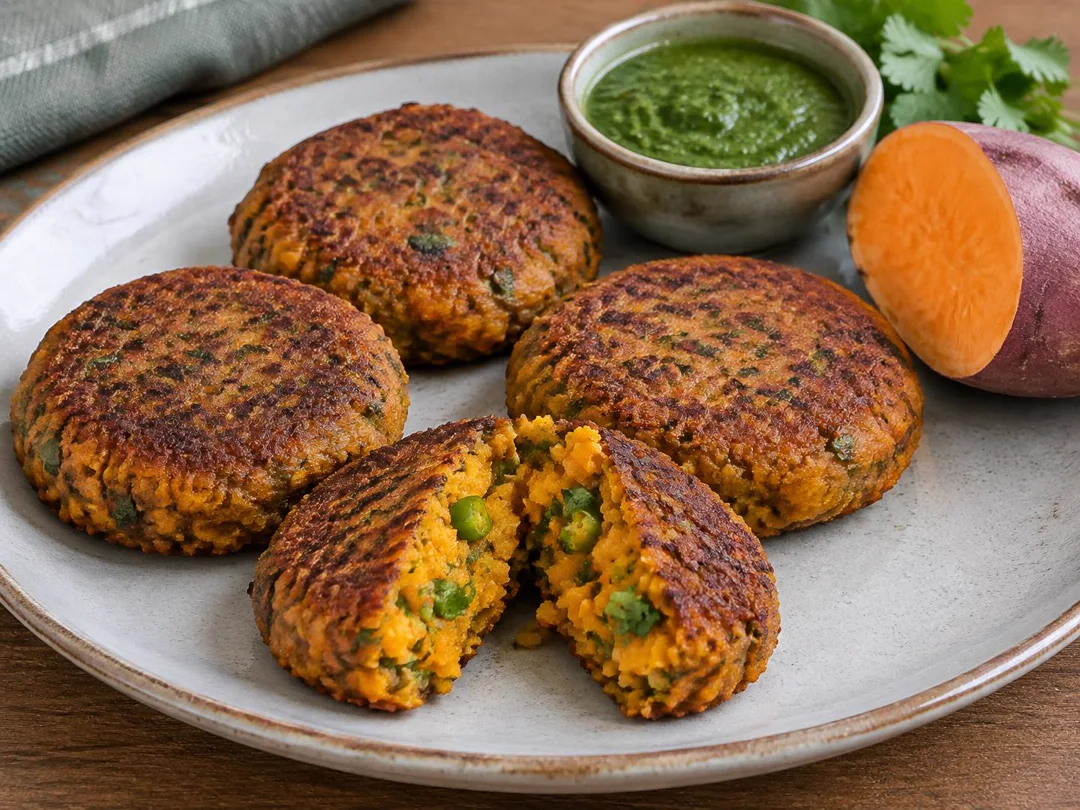 Sweet Potato Tikki — Crisp shallow-fried sweet potato tikkis with orange interior, green chutney beside