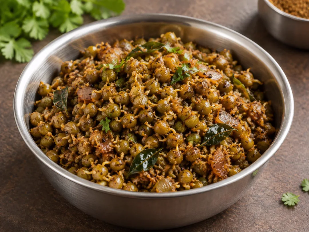 Green Moong Usal — Semi-dry Maharashtrian green moong usal with sprouts, coconut, mustard and curry leaves
