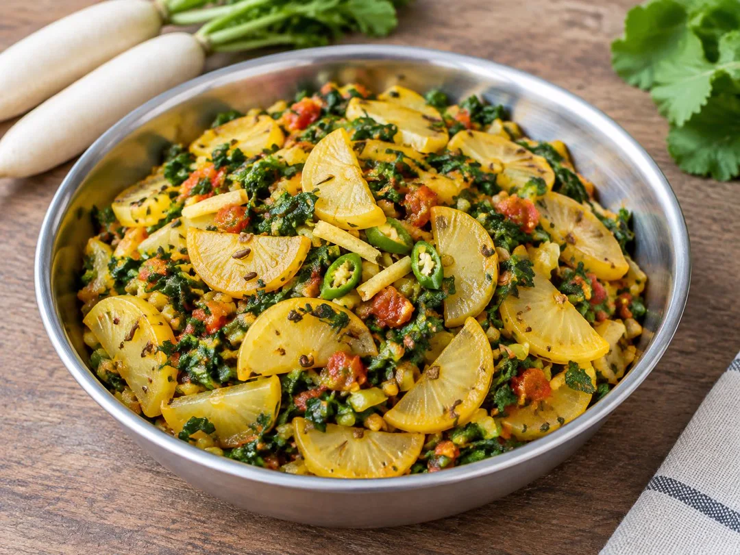 Mooli Ki Sabzi — Dry turmeric-tinted radish half moons with tender radish greens, tomato and cumin
