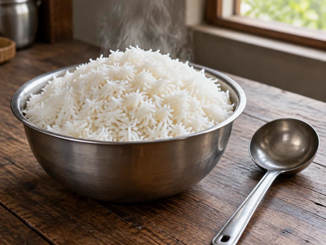 Plain Steamed Rice — Plain white steamed rice heaped in a steel bowl