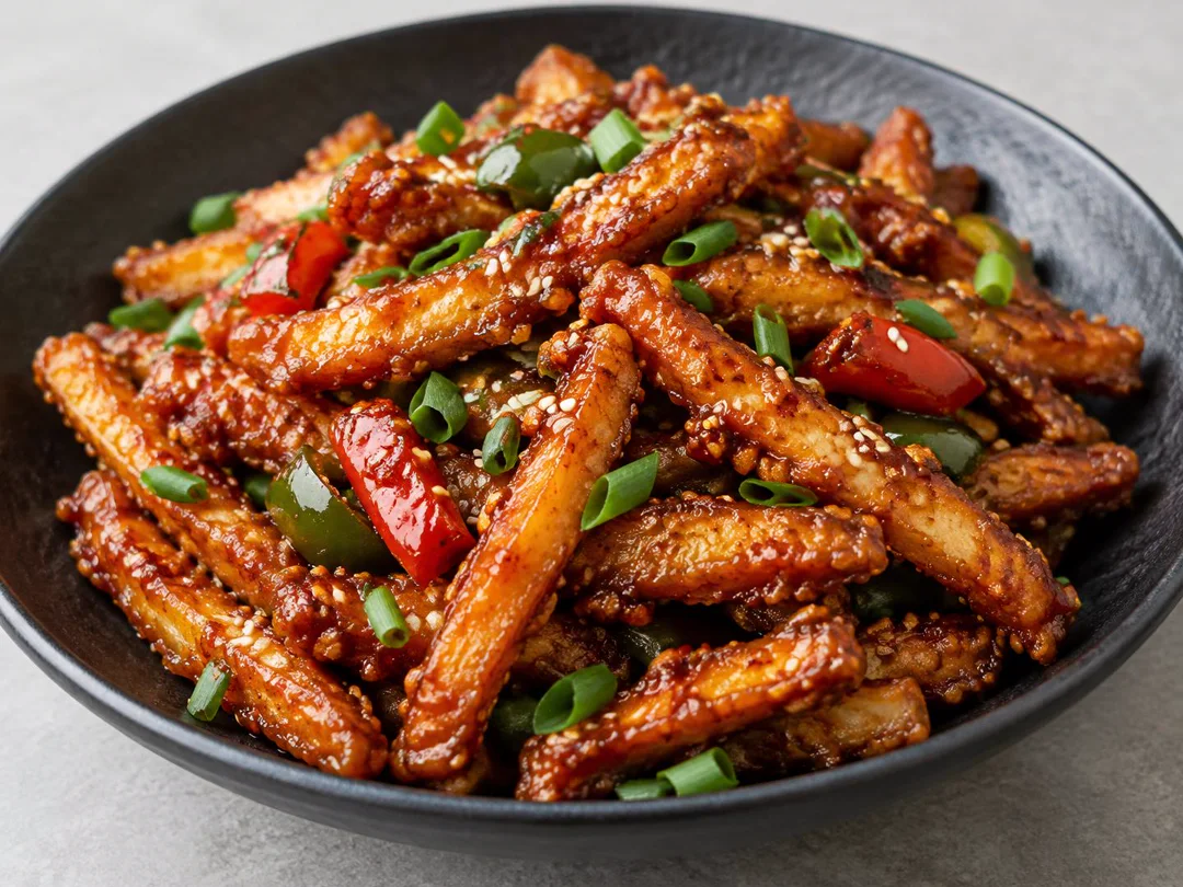 Honey Chilli Potato — Crisp potato fingers in glossy honey-chilli glaze with sesame, peppers and spring onion