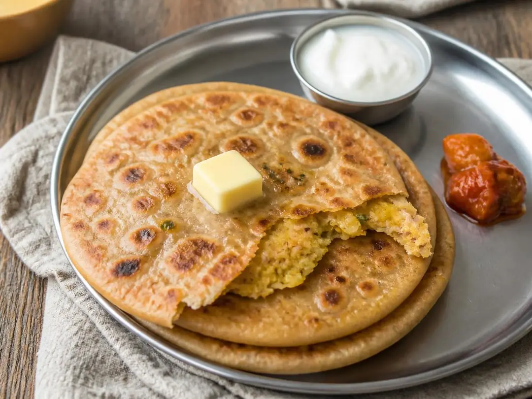 Aloo Paratha — Stuffed aloo paratha with potato filling, yogurt and pickle