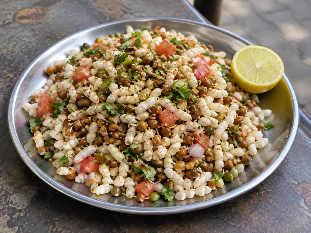 Sprout Bhel Chaat — Puffed rice tossed with sprouted matki, onion, tomato, coriander and chaat masala