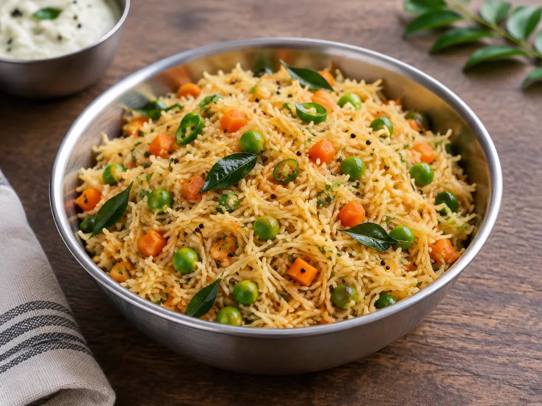 Semiya Upma — Fluffy South Indian vermicelli upma with carrot, peas, mustard seeds and curry leaves