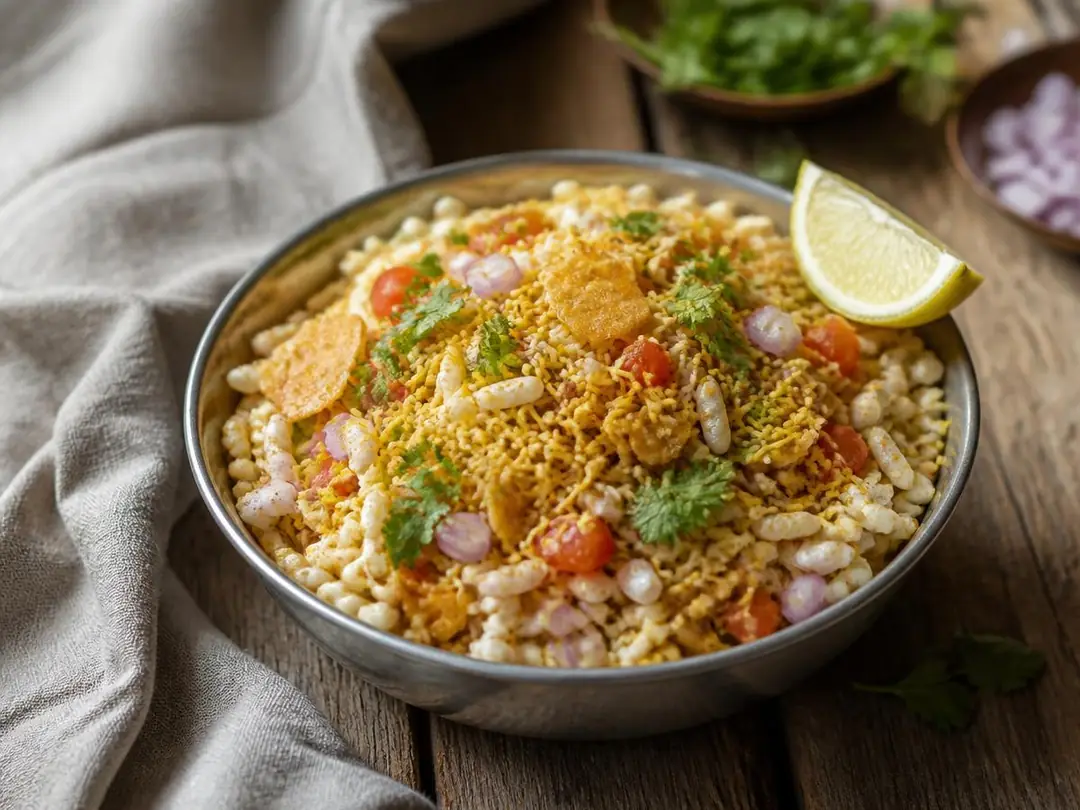 Snacks & Chaat — Bhel puri with puffed rice, sev, onion, tomato and coriander