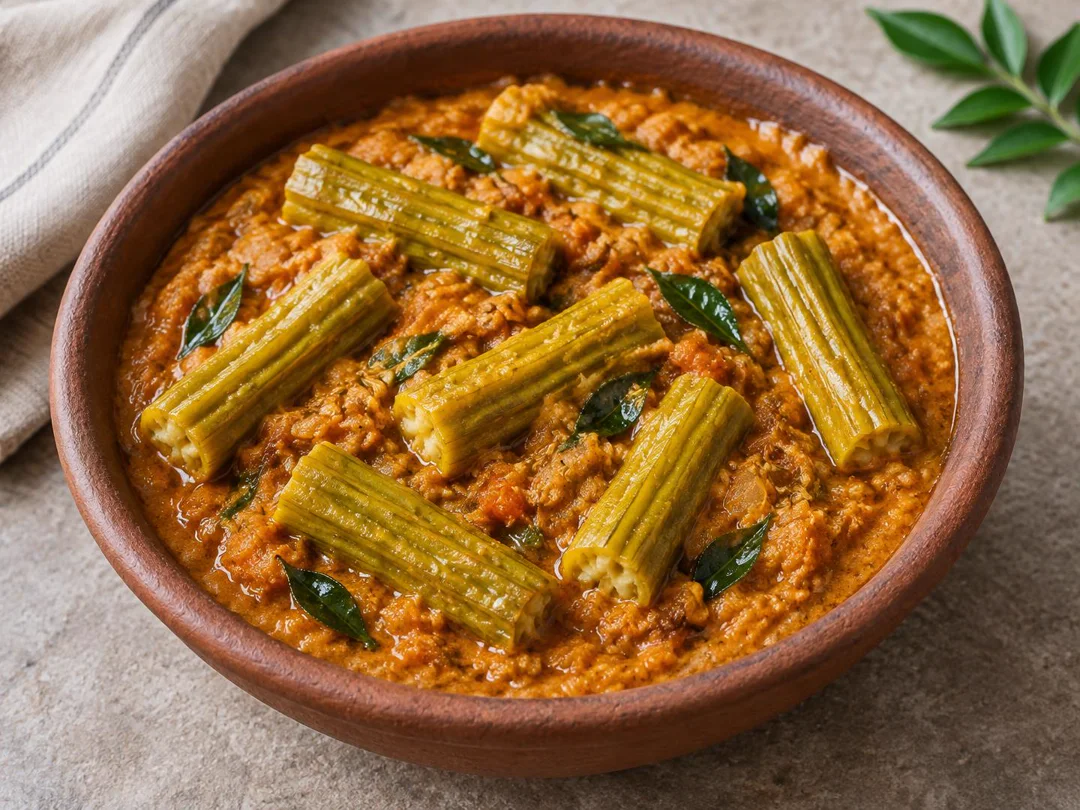 Drumstick Masala Curry — Ridged moringa drumstick pods in thick South Indian onion-tomato coconut masala