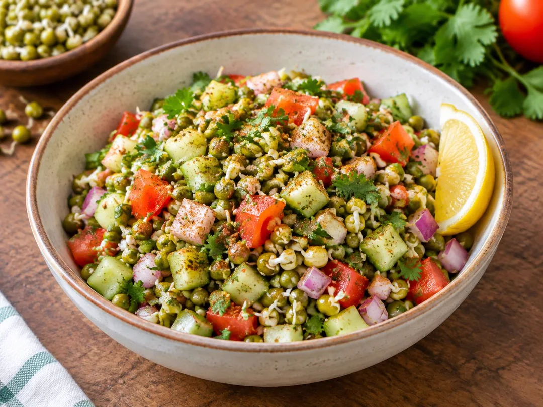 Sprouts Chaat — Sprouted moong tossed with onion, tomato, cucumber, coriander, chaat masala and lemon