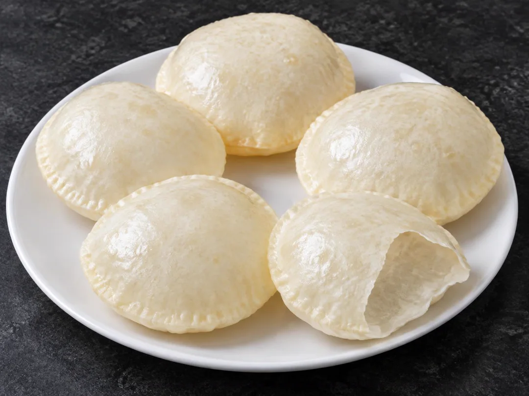 Luchi — Small pale ivory Bengali luchis with delicate refined-flour shells and hollow centers