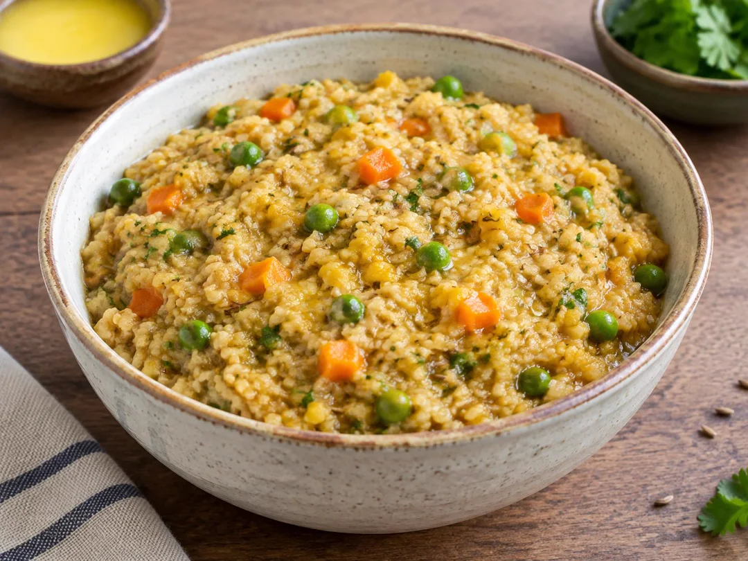 Daliya Khichdi — Thick broken-wheat and moong dal khichdi with carrots, peas and ghee