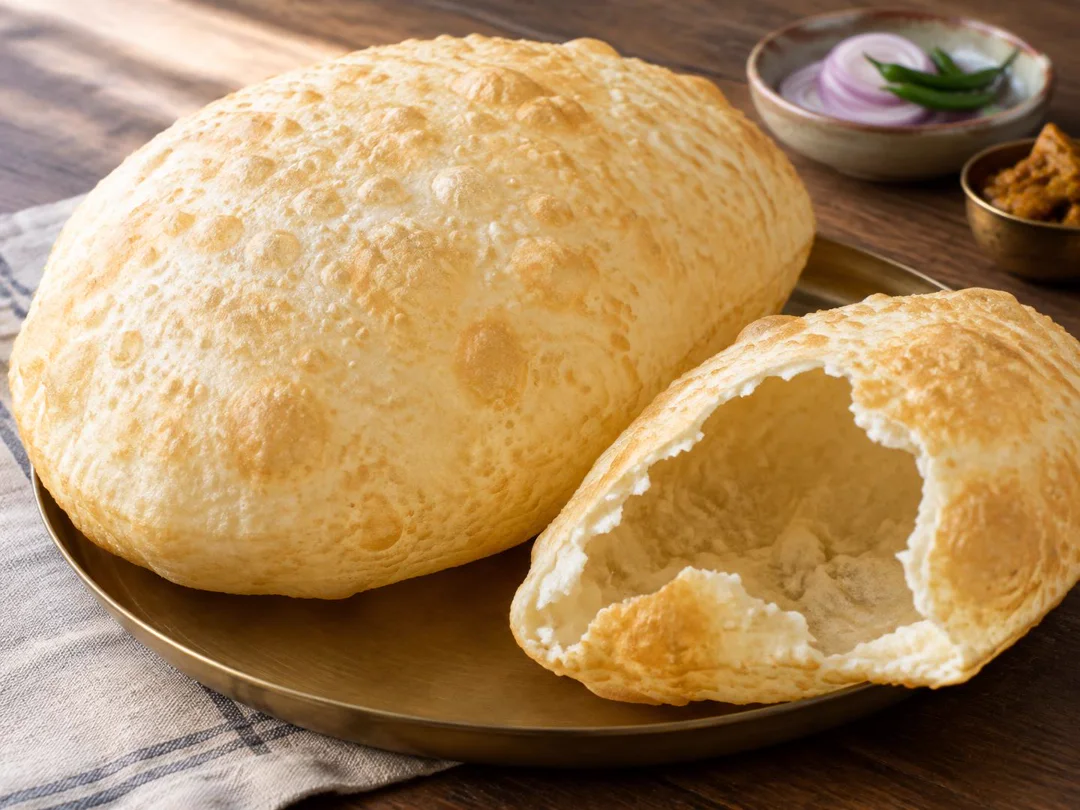 Bhatura — Large inflated Punjabi bhatura with blistered fermented crust and an airy torn interior
