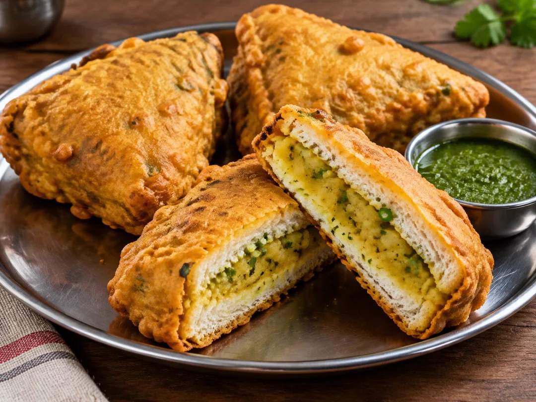 Bread Pakora — Crisp triangular bread pakoras cut open to reveal bread layers and spiced potato filling