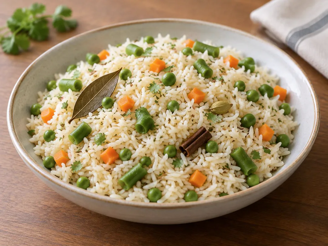 Vegetable Pulao — Loose white basmati vegetable pulao with carrot, peas, green beans and whole spices