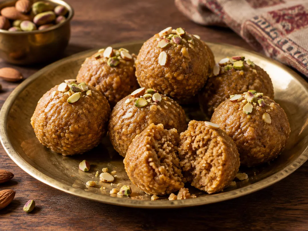 Churma Ladoo — Coarse golden-brown Rajasthani churma ladoos with a broken ladoo showing its grainy crumb