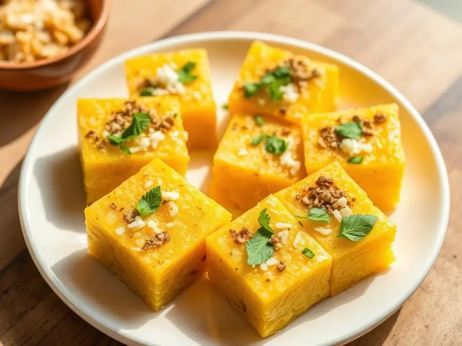 Khaman Dhokla — Steamed khaman dhokla squares