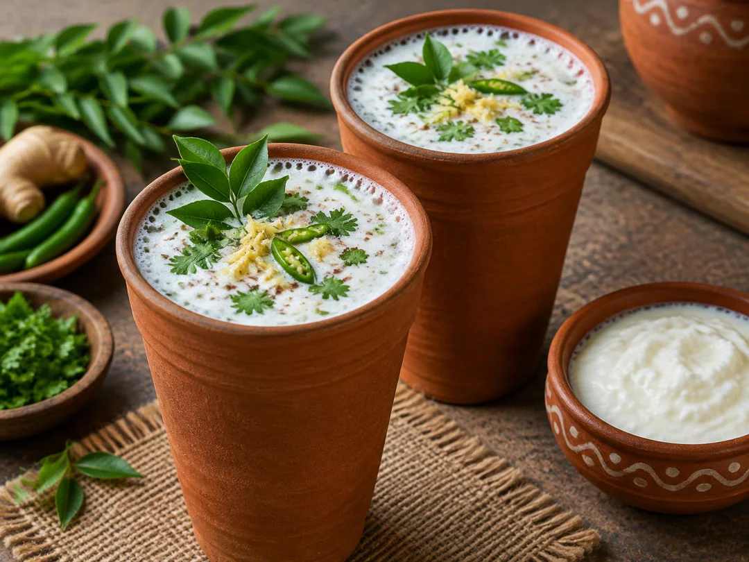 Masala Chaas — Spiced buttermilk in clay kulhads topped with curry leaves, ginger, green chilli and coriander