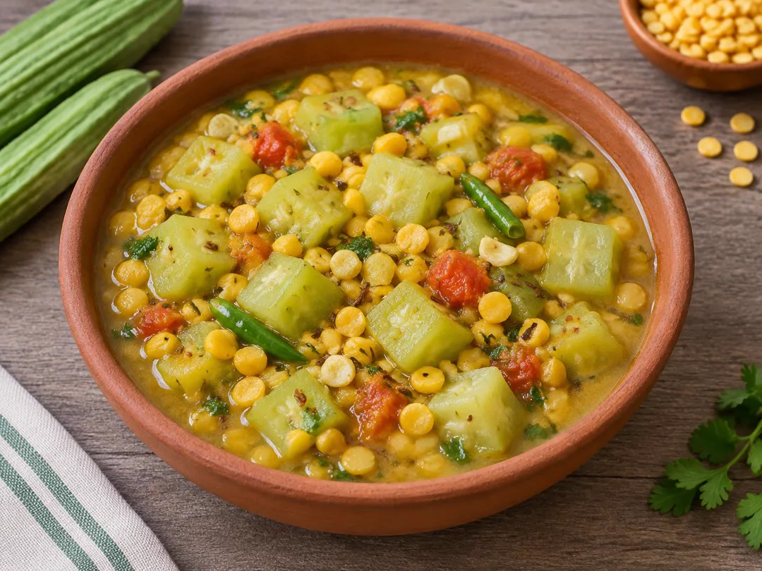 Turai Chana Dal — Tender pale-green ridge-gourd cubes with distinct yellow split chana dal, tomato and cumin