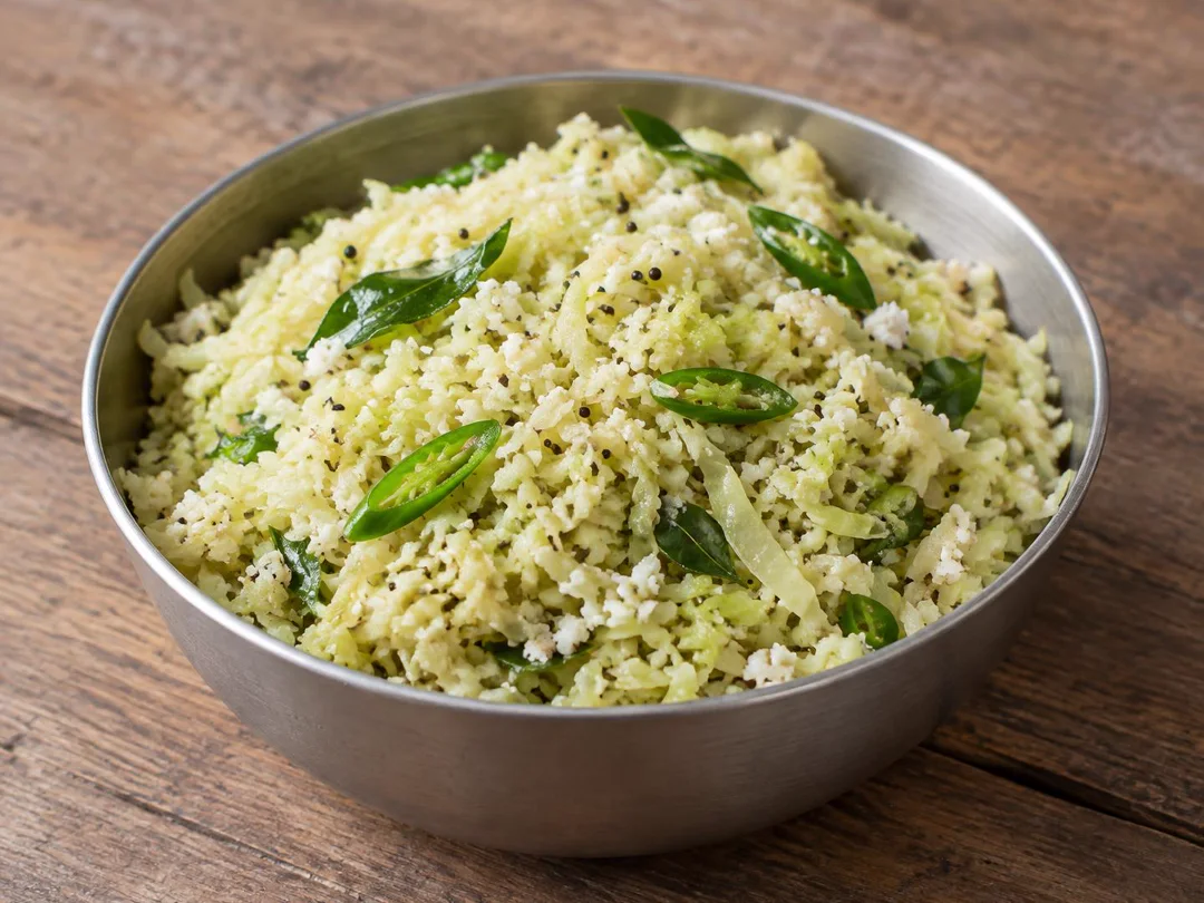 Cabbage Thoran — Dry Kerala cabbage thoran with shredded cabbage, coconut, mustard and curry leaves