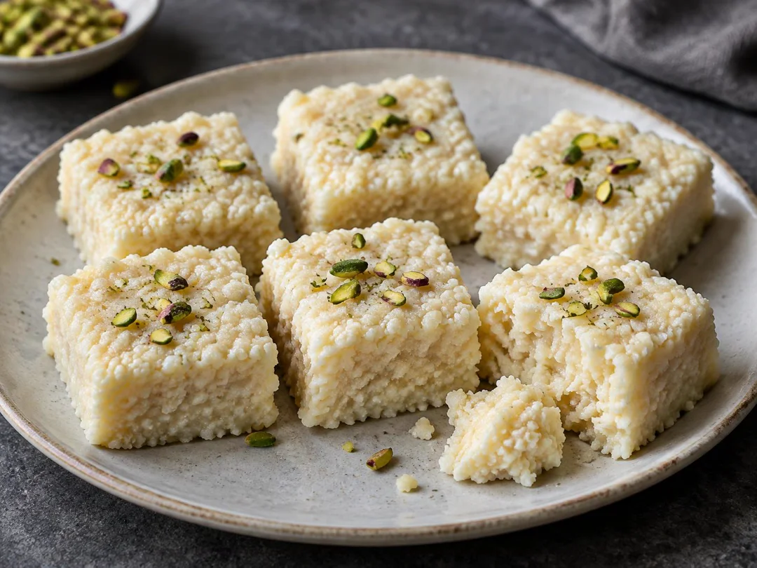 Kalakand — Ivory kalakand squares with moist grainy milk texture and chopped pistachios