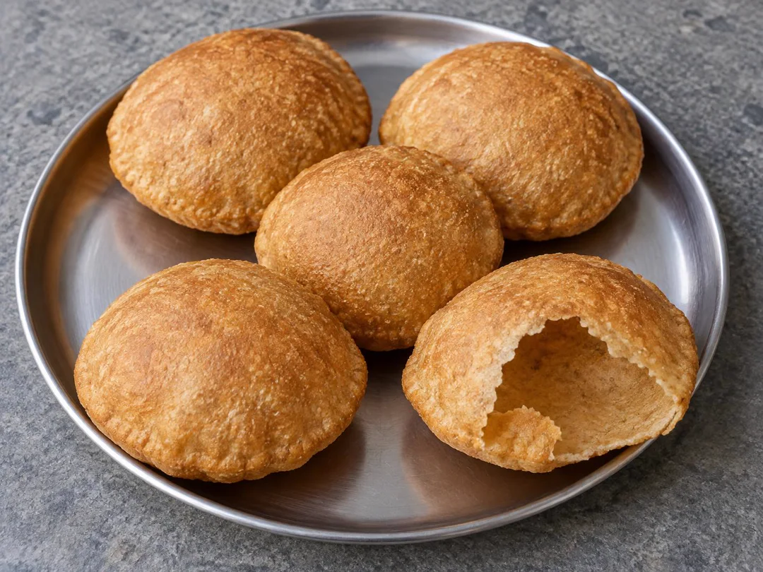 Puri — Small round golden whole-wheat puris with puffed hollow interiors