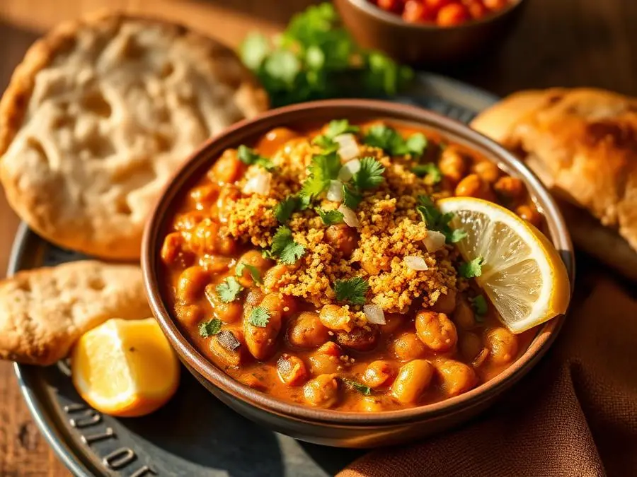 Misal Pav — Misal pav topped with farsan and onion