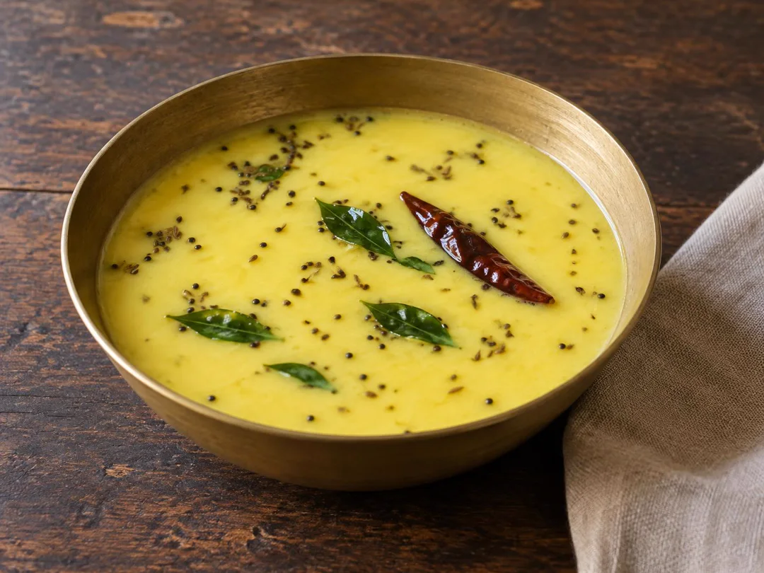 Gujarati Kadhi — Thin pale-yellow Gujarati yogurt kadhi with mustard, cumin, curry leaves and dried chilli