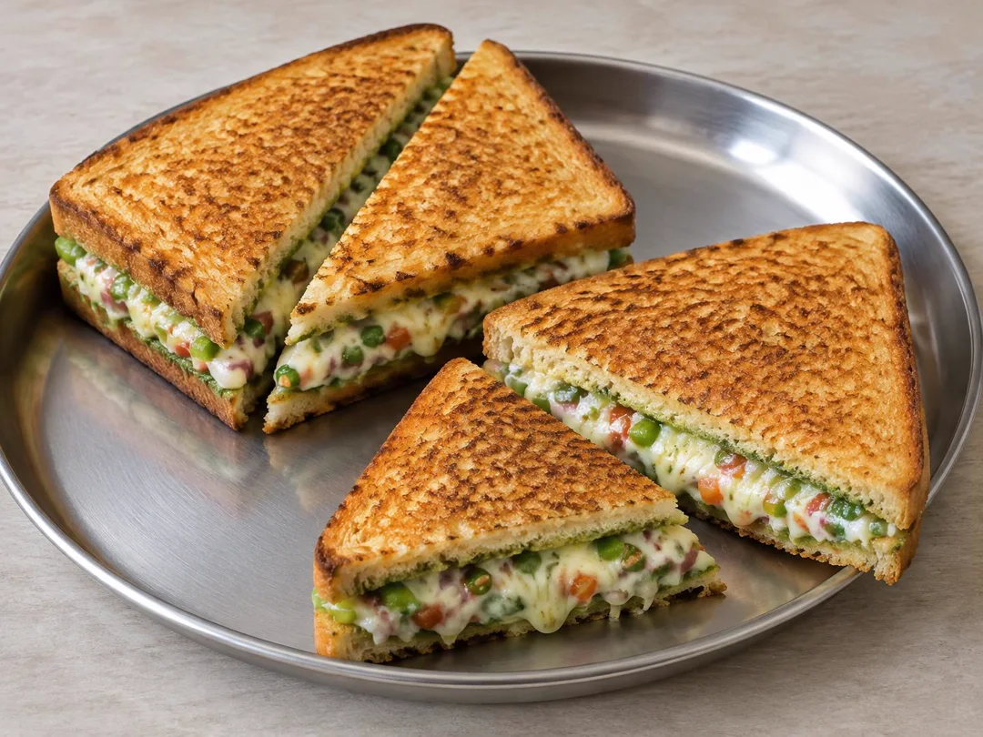 Bombay Cheese Toast — Closed golden tawa-toasted sandwiches with melted cheese, chopped vegetables and green chutney