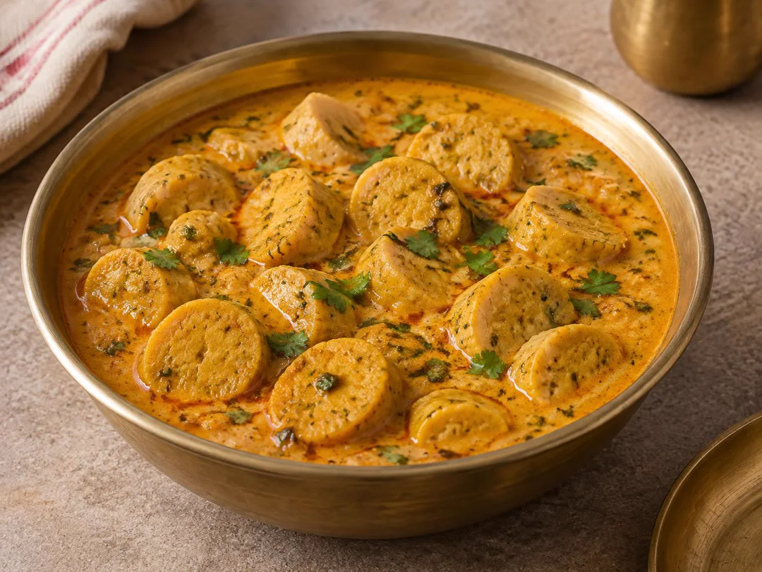Gatte Ki Sabzi — Sliced besan gatte dumplings in Rajasthani yogurt curry