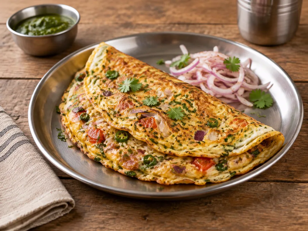 Masala Omelette — Folded Indian masala omelette with onion, tomato, green chilli and coriander