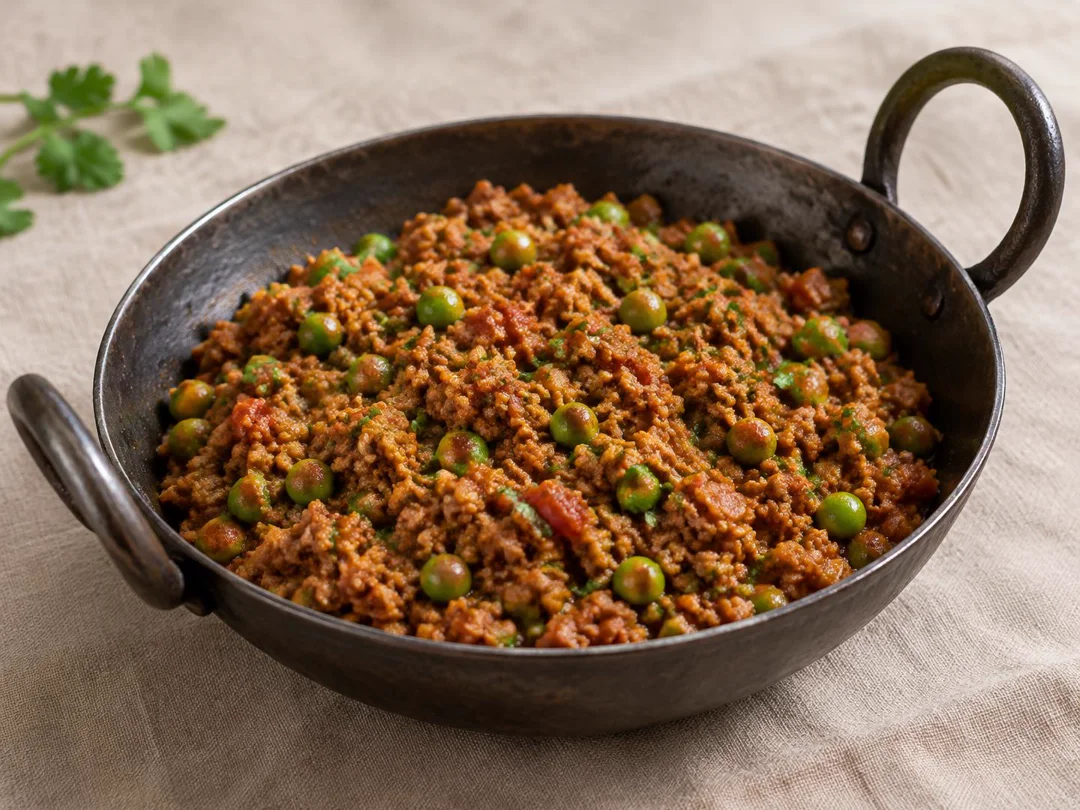 Keema Matar — Semi-dry North Indian minced meat keema with green peas and tomato masala