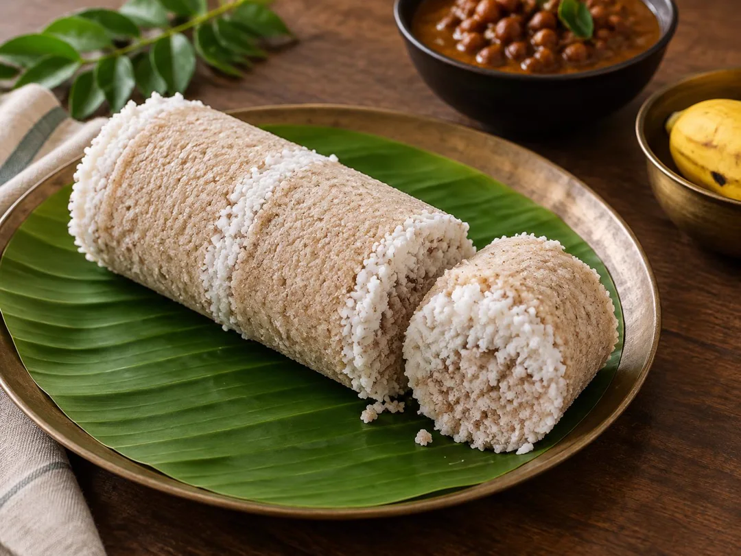 Puttu — Cylindrical Kerala puttu with visible steamed rice and coconut layers