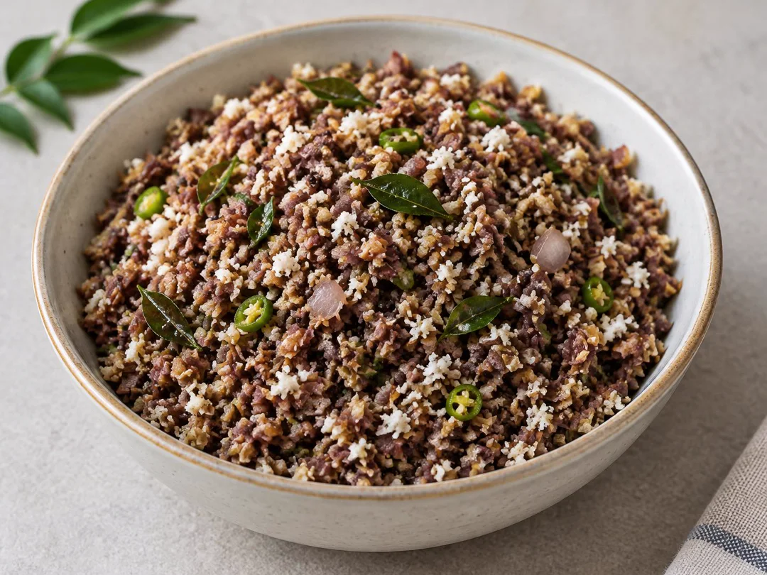 Banana Flower Thoran — Finely chopped Kerala banana-flower thoran with coconut, green chilli, mustard and curry leaves