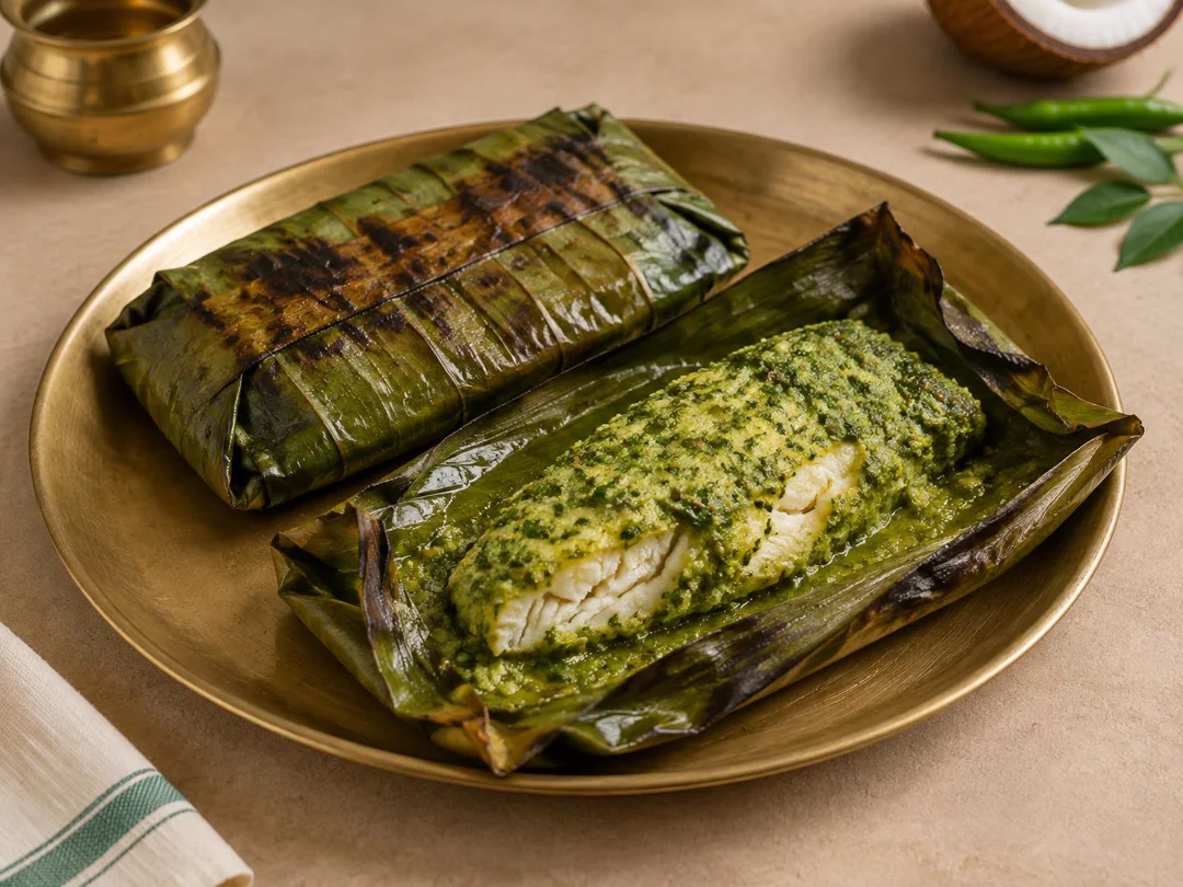 Banana Leaf Fish — Kerala fish fillet with green coconut chutney cooked in banana leaf