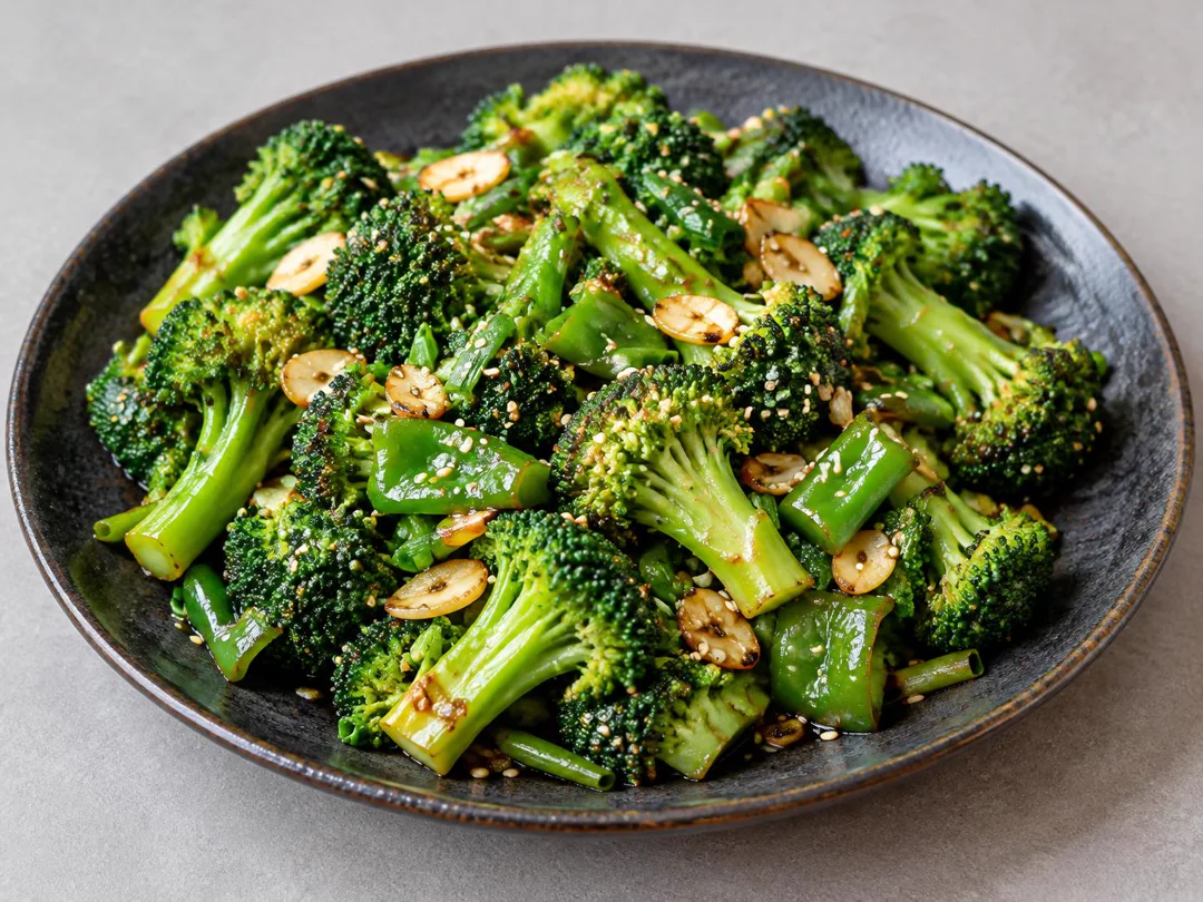 Garlic Broccoli Stir-fry — Bright broccoli florets with garlic, capsicum, spring onion and sesame in a light soy glaze