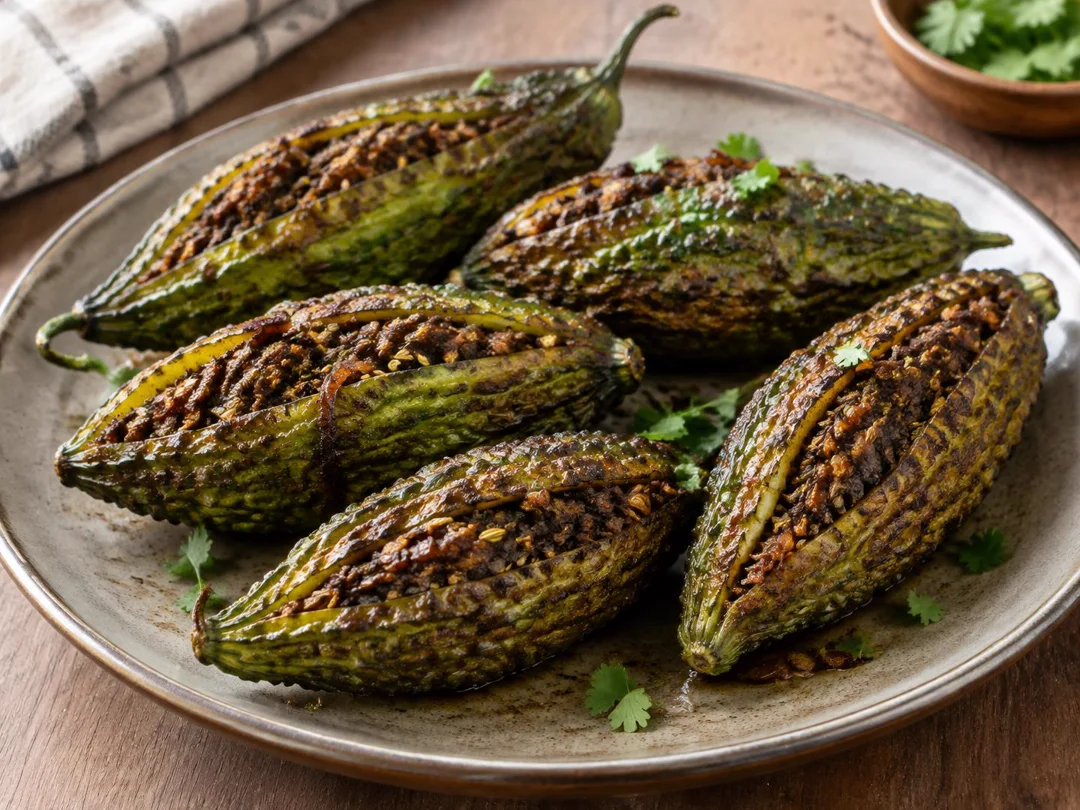 Bharwan Karela — Whole browned bitter gourds slit and filled with dark onion-fennel masala