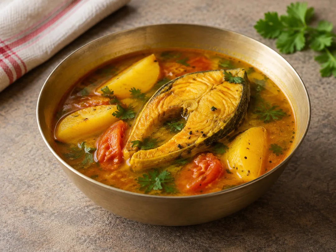 Macher Jhol — Bengali macher jhol with fish steak, potato and tomato in a light broth