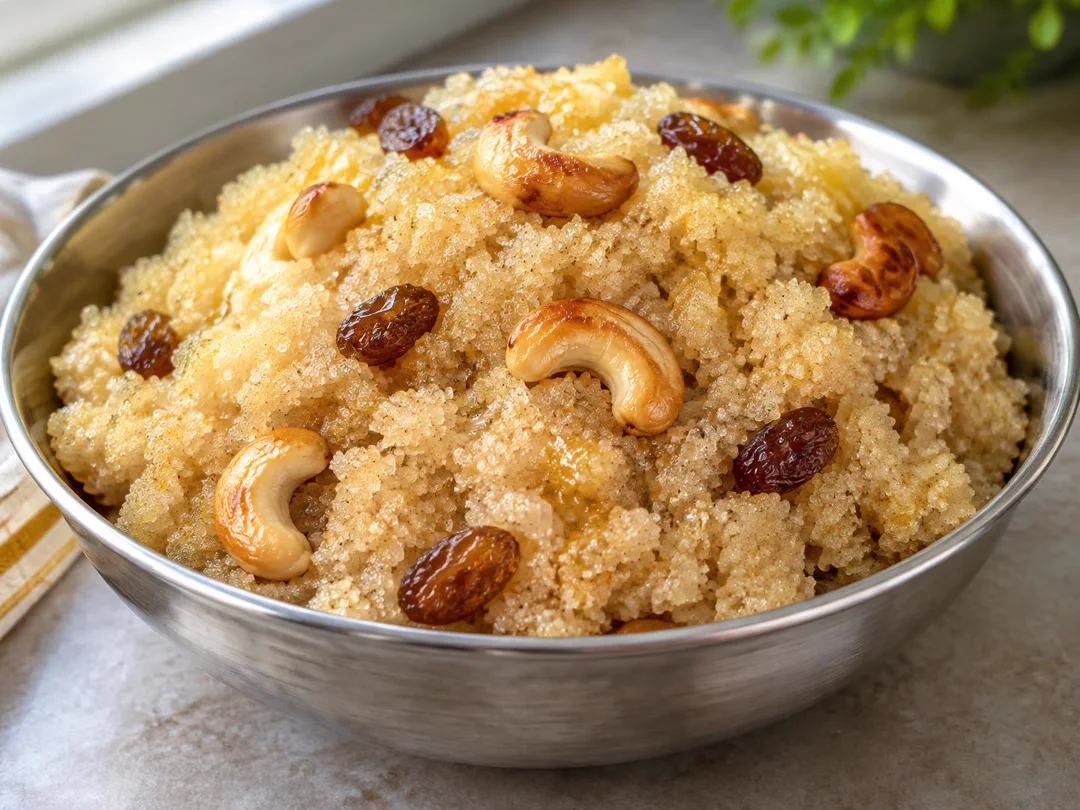 Suji Halwa — Golden granular semolina halwa with ghee sheen and toasted cashews