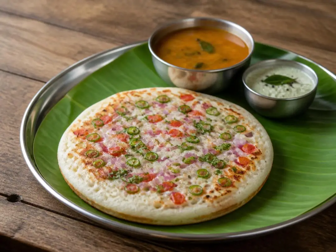 Onion Uttapam — Thick onion, tomato and chilli uttapam