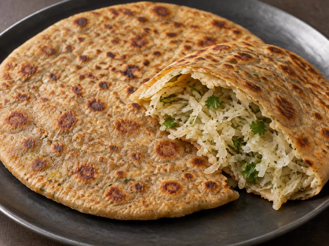 Mooli Paratha — Browned North Indian mooli paratha torn open to show grated radish and herb filling