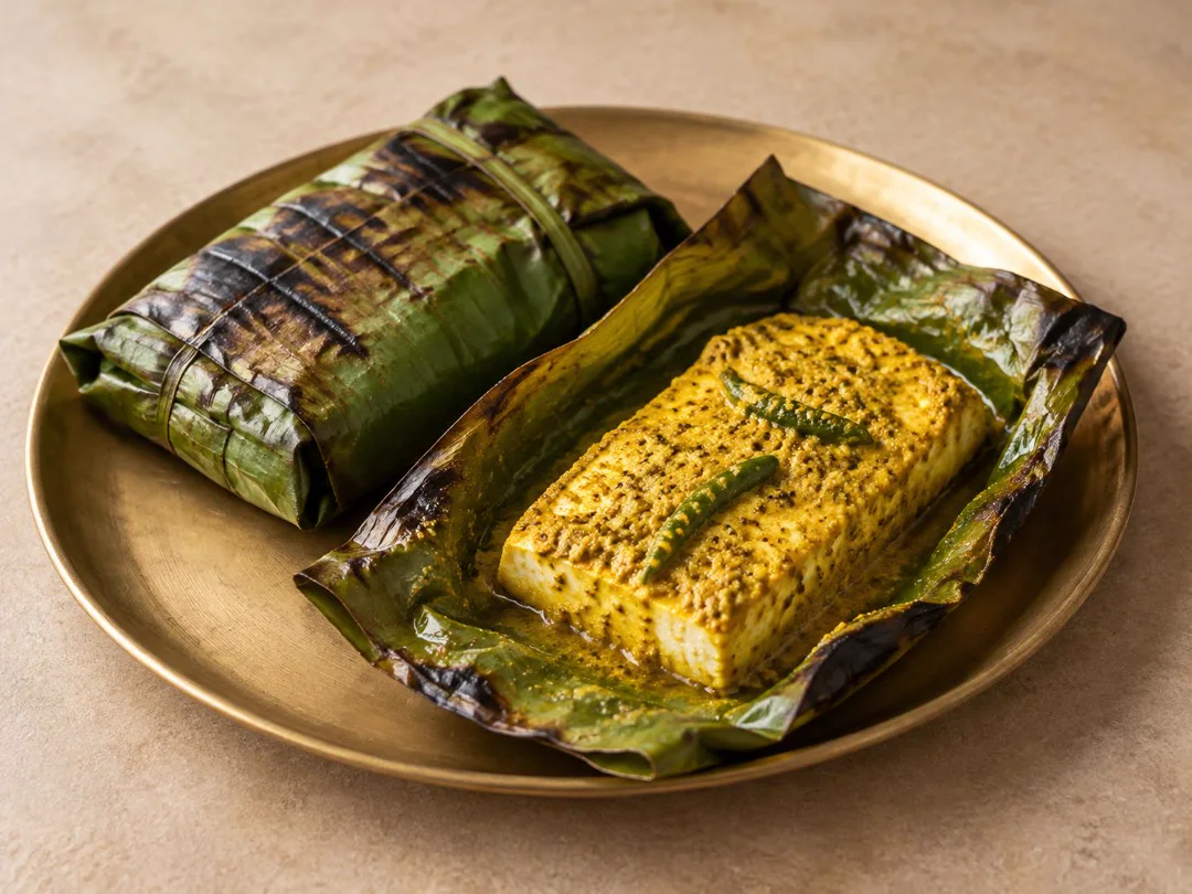 Paneer Paturi — Bengali paneer paturi coated in mustard paste and cooked in banana leaf