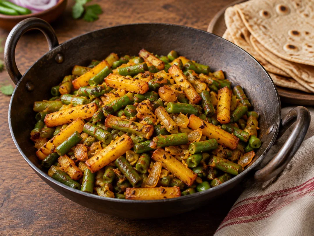 Aloo Beans Ki Sabzi — Dry sabzi of short-cut green beans and potato batons with cumin, turmeric and chilli