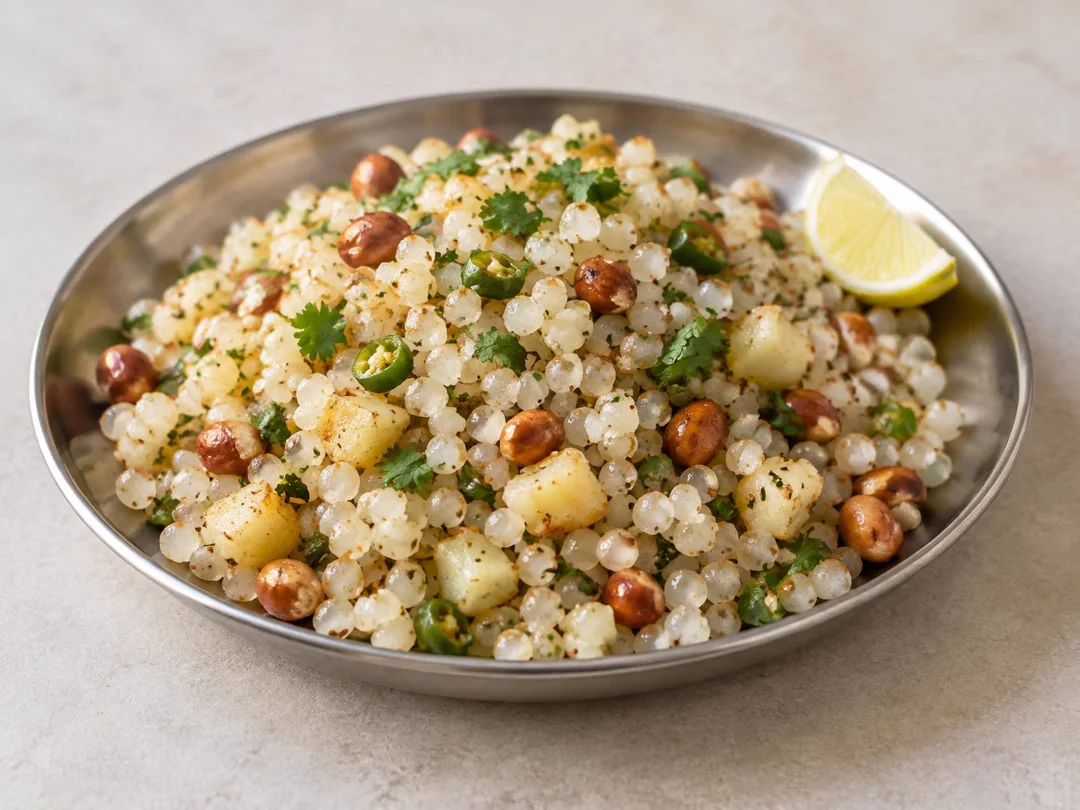 Sabudana Khichdi — Translucent sabudana khichdi pearls with peanuts, potato and green chilli