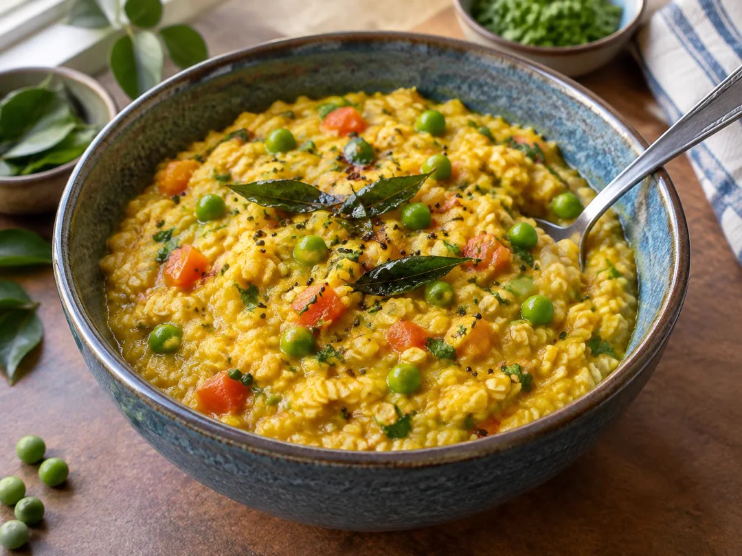 Masala Oats — Savoury masala oats with peas, tomato, mustard seeds and fried curry leaves