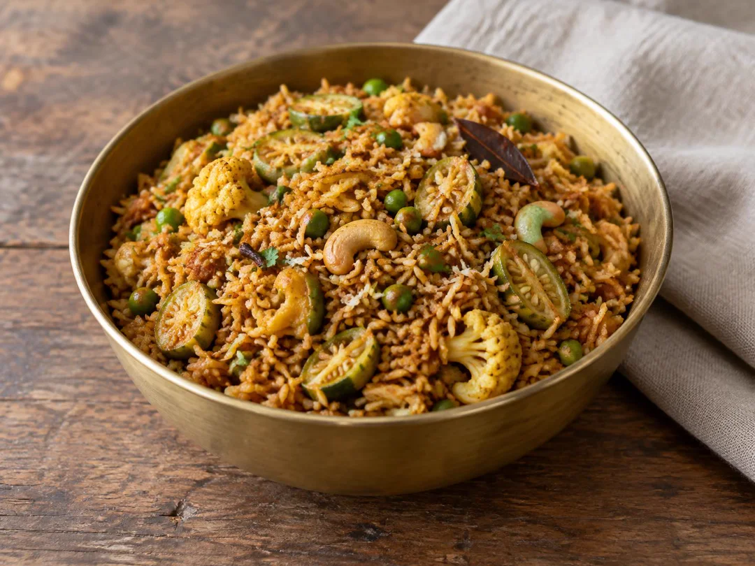 Masale Bhaat — Maharashtrian masale bhaat with spiced rice, vegetables, coconut and cashews