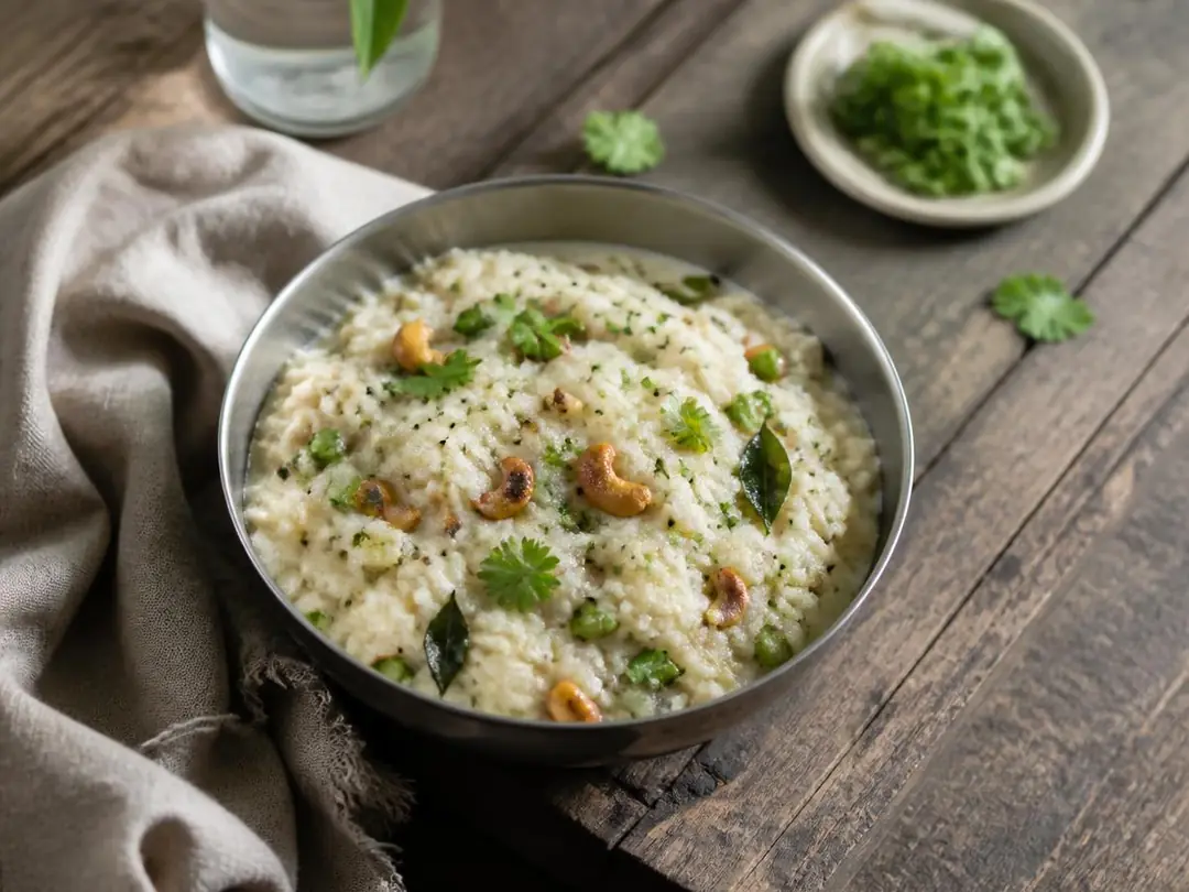 Rava Upma — South Indian rava upma with cashews and curry leaves