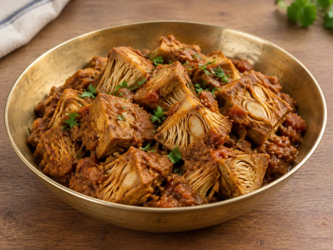 Kathal Masala — Young jackfruit chunks with visible fibrous texture in thick onion-tomato masala