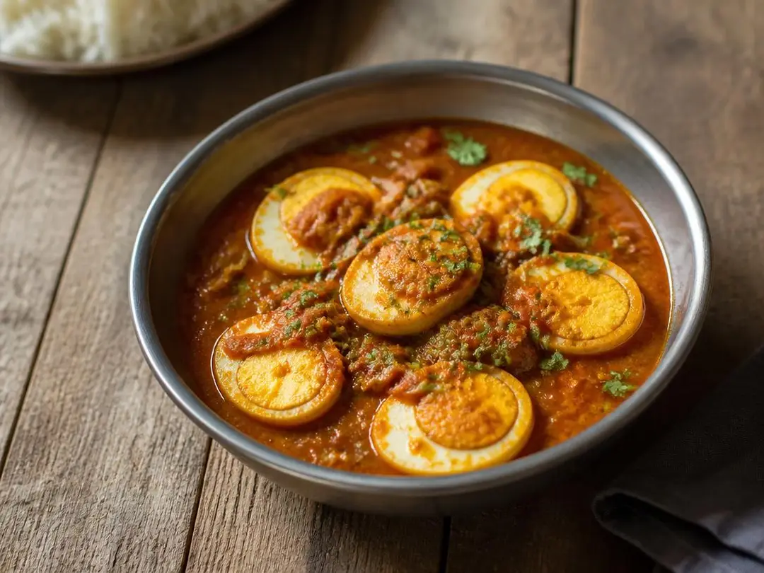 Egg Curry — Egg curry with halved boiled eggs in onion tomato masala