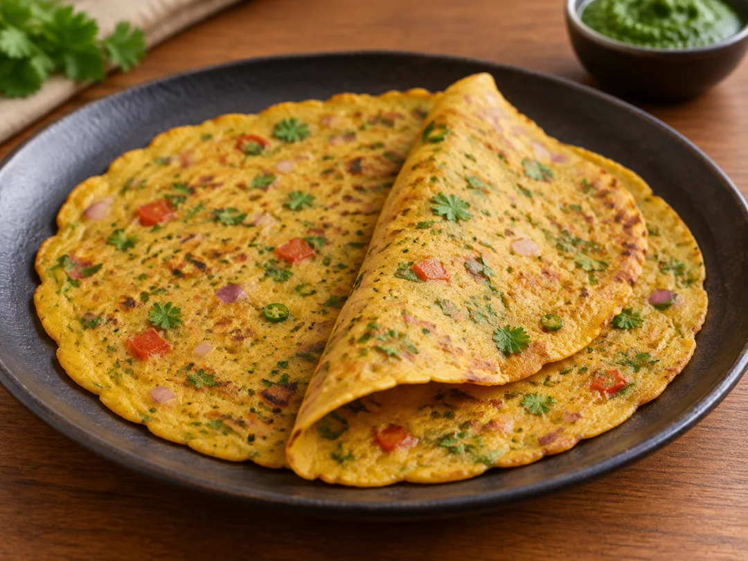 Besan Chilla — Thin golden gram-flour chilla with onion, tomato, coriander and green chilli