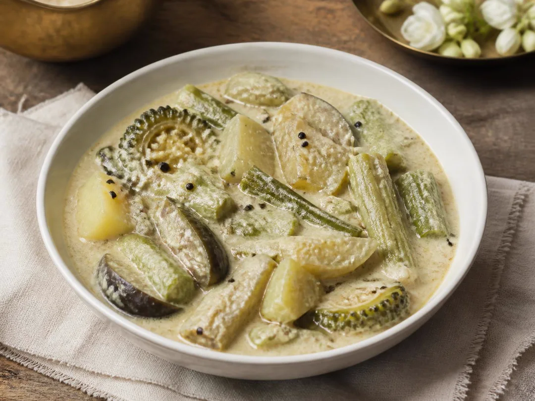 Shukto — Pale Bengali shukto with bitter gourd, raw banana, drumstick and vegetables