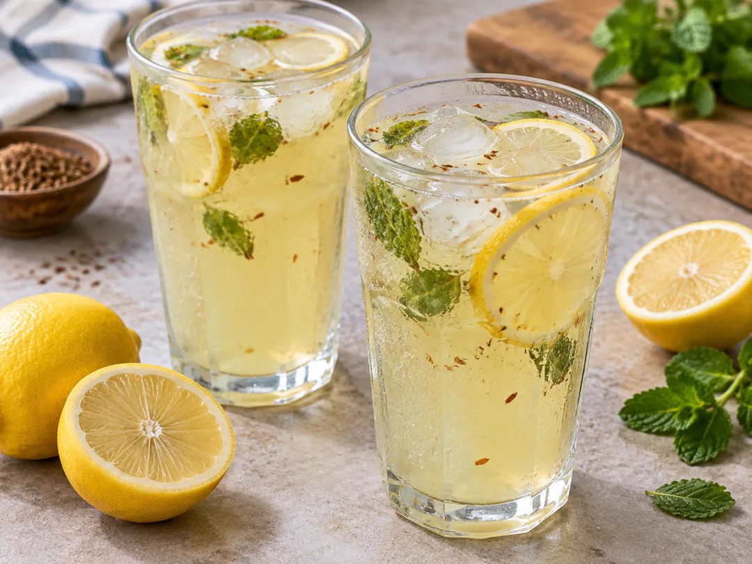 Nimbu Pani — Clear lemon water with ice, mint and roasted cumin