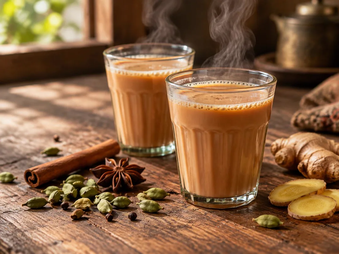 Masala Chai — Steaming masala chai in cutting-chai glasses with whole spices